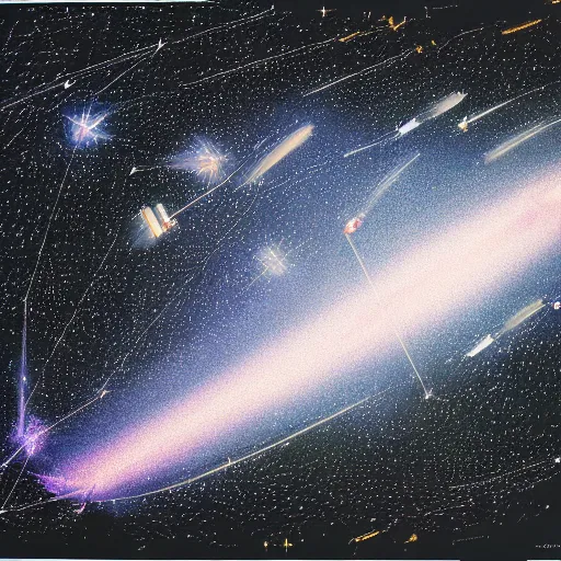 Prompt: astrophotography of a rail network between stars, traveled by hundreds of ships by robert mccall and isaac asimov