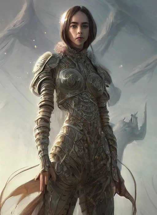 Image similar to a professional portrait of a beautiful young female, clothed in ethereal battle armor, olive skin, long dark hair, beautiful bone structure, symmetrical facial features, intricate, elegant, digital painting, concept art, smooth, sharp focus, finely detailed, illustration, from Valerian and the City of a Thousand Planets, in the style of Ruan Jia and Mandy Jurgens and Artgerm and Greg Rutkowski and William-Adolphe Bouguerea