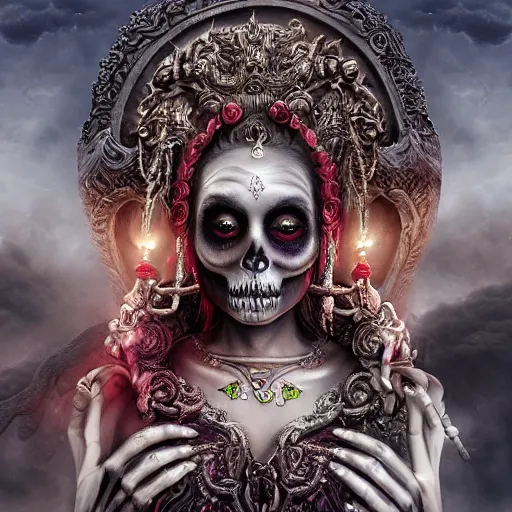 Image similar to a beautiful detailed 3d matte painting of female goddess of the dead, ominous, magical realism, texture, intricate, ornate, royally decorated, skull, skeleton, whirling smoke, embers, red adornements, 8k