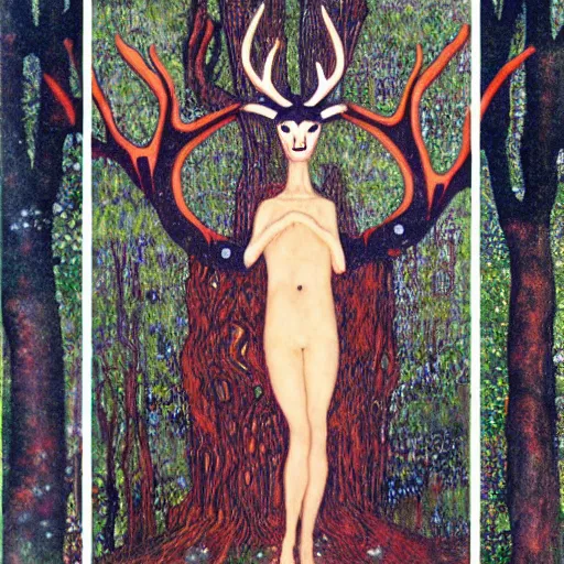 Image similar to A tall, dark forest god, with antlers, red eyes, forest, 3am, mist, moon, dark forest, red eyes in the style of Klimt