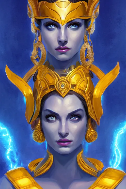 Prompt: The Godess Hera looking angry, detailed armor, portrait radiating a glowing aura, highly detailed, digital painting, artstation, concept art, smooth, sharp focus, beautiful face, symmetric face, enchanted, official fanart, behance, HD, blue and yellow theme, by Lois van baarle and Ross Tran