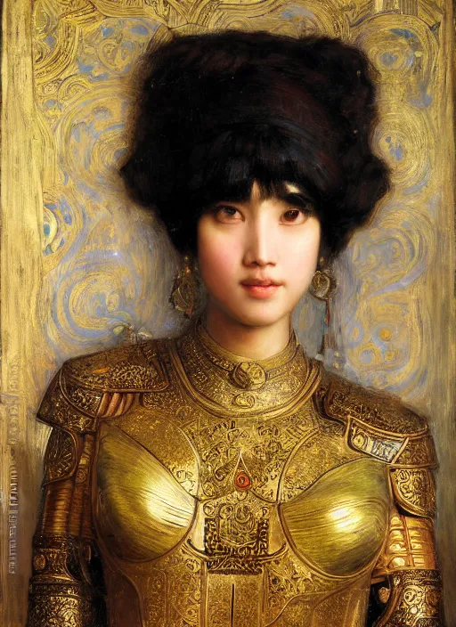 Image similar to beautifull asian queen cyborg with bangs curly Iranian orientalist portrait by john william waterhouse and Edwin Longsden Long and Theodore Ralli and Nasreddine Dinet, oil on canvas. Cinematic, hyper realism, dramatic lighting, high detail 4k