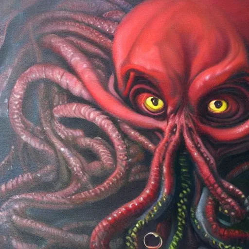 Prompt: an oil painting of Cthulhu, thick paint, detailed, 8k, dark phantasy, gritty, red eyes, stormy night