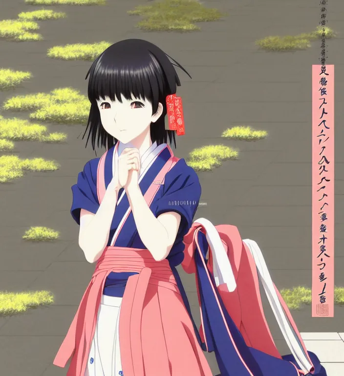 Image similar to anime visual, full body portrait of a japanese woman in traditional clothes outside a temple sweeping the ground, cute face by ilya kuvshinov, yoshinari yoh, makoto shinkai, katsura masakazu, dynamic perspective pose, detailed facial features, kyoani, rounded eyes, crisp and sharp, cel shad, anime poster, ambient light