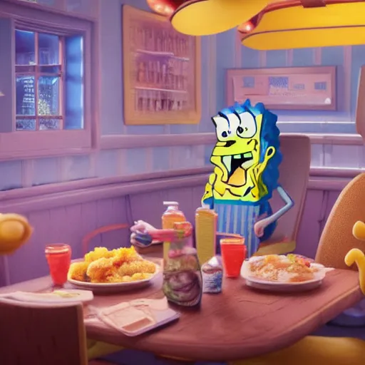 Image similar to hyperrealistic!! spongebob!! eating at the krusty krab, stunning 3 d render inspired by istvan sandorfi & greg rutkowski, perfect symmetry, dim volumetric cinematic lighting, 8 k octane comprehensive render, extremely hyper - detailed attributes & atmosphere, intricately proportional, realistic flesh texture, masterpiece, artstation, stunning,