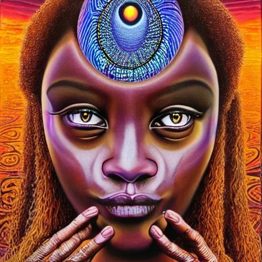 Prompt: an 8k resolution matte painting of an african queens 3rd eye activating in a surreal portrait style, by alex grey, highly detailed eyes