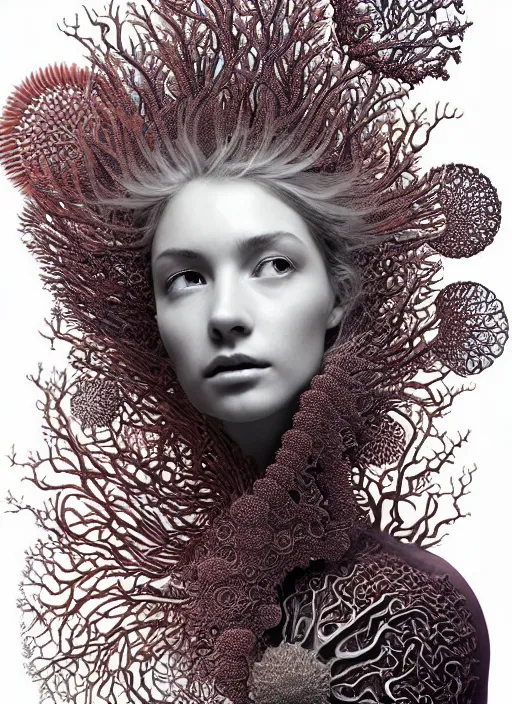 Prompt: ridiculously beautiful young womans face, layers of intricate swirling fractals of 3 d coral and jellyfish skin, blooming, portals into dimensions, coral, birds, symmetrical, in the style of ernst haeckel, effervescent, sacred geometry, surrealism, photo realistic, epic and cinematic, 3 d, clear, sharp,