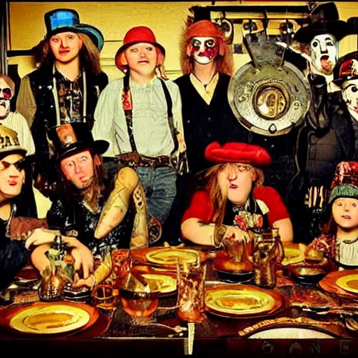 Prompt: steampunk kid rock at thanksgiving dinner with a group of juggalos, in the style of norman rockwell,