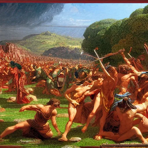 Prompt: Distant shot of the battle of Cannae 216 BCE, digital art, in the style of Franklin Booth, Thomas Cole