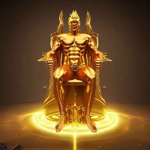 Image similar to golden god, muscular, throne, glow, fantasy, octane render, epic, award winning