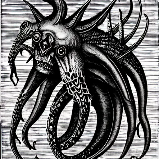 Image similar to bestiary of creatures from the depths of the unconscious psyche