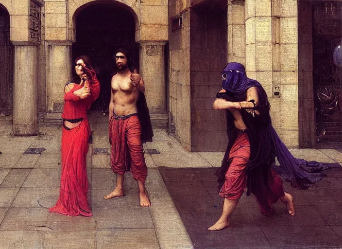 Prompt: Maria evades guards. Cyberpunk hacker escaping Menacing Cyberpunk corporate security. (dystopian, police state, Cyberpunk 2077, bladerunner 2049). Iranian orientalist portrait by john william waterhouse and Edwin Longsden Long and Theodore Ralli and Nasreddine Dinet, oil on canvas. Cinematic, vivid colors, hyper realism, realistic proportions, dramatic lighting, high detail 4k