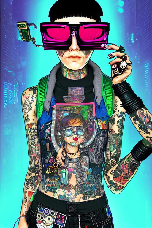 Prompt: full view, from a distance, of anthropomorphic trashcan who is cyberpunk girl with tattoos wearing reflective sunglasses from the novel neuromancer by william gibson, style of yoshii chie and hikari shimoda and martine johanna, highly detailed