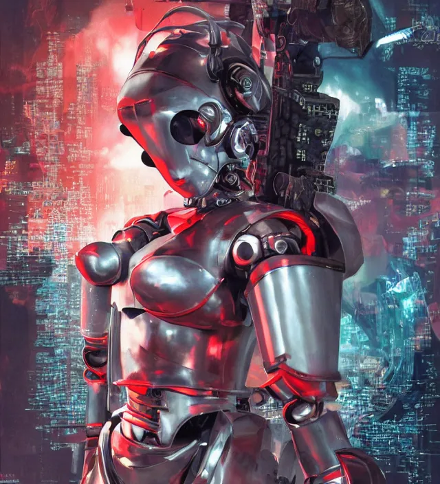 Image similar to hd 3 d rendered graphic novel video game portrait of a cute young robot knight girl complicated synaptic particles angelic deity demon future downtown in ishikawa ken miura kentaro gantz frank miller jim lee alex ross vaporwave technoir style detailed trending award winning on flickr artstation