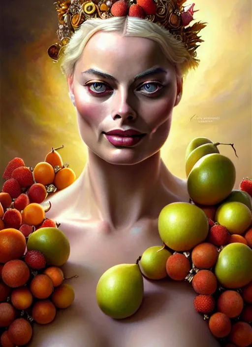 Image similar to margot robbie as an goddess of fruits, aesthetic, fine art, intricate, elegant, highly detailed, realistic hair, centered, digital painting, art station, conceptual art, soft, sharp focus, illustration, artwork, artgerm, tomasz alen kopera, peter mohrbacher, donato giancola, wlop, boris vallejo