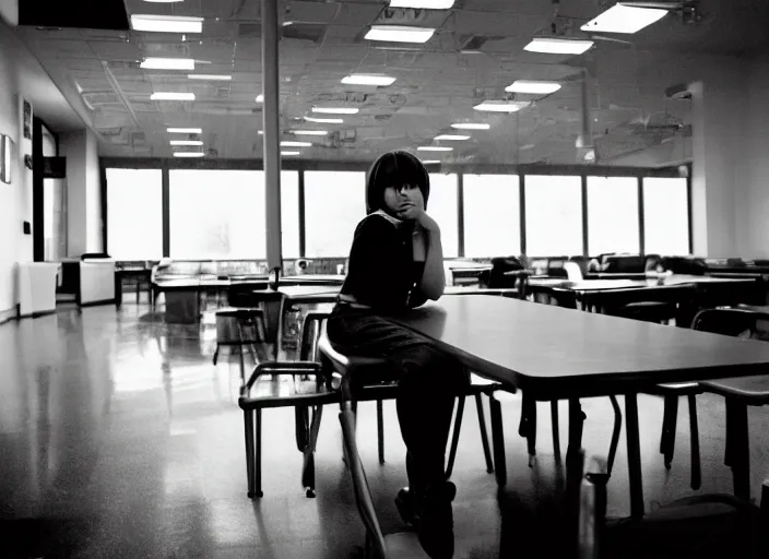 Image similar to photograph of an emo girl sitting in a cafeteria, 2006, yellow fluorescent lighting