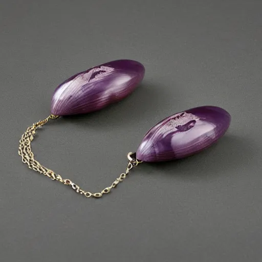 Prompt: carved quahog shell jewelry purple stains