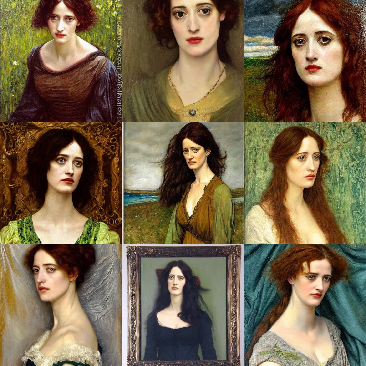 Prompt: oil painting detailed portrait of eva green pre - raphaelite style millais