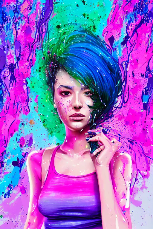 Image similar to a award winning half body portrait of a beautiful woman in a croptop and cargo pants with ombre purple pink teal hairstyle and hands in pockets by ari liloan, surrounded by whirling illuminated lines, paint splashes and splatter, outrun, vaporware, shaded flat illustration, digital art, trending on artstation, highly detailed, fine detail, intricate