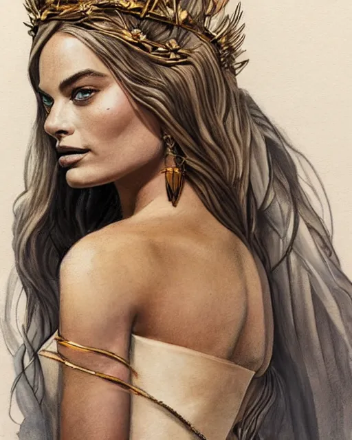 Image similar to realism tattoo sketch of margot robbie as a beautiful greek goddess aphrodite with piercing eyes wearing a laurel wreath and triangle earrings, in the style of greg rutkowski, amazing detail