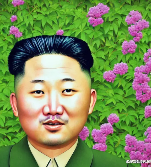 Prompt: colour araki nobuyoshi style close - up photography of detailed north korean kim chen with detailed smiling face, smelling detailed weed bush