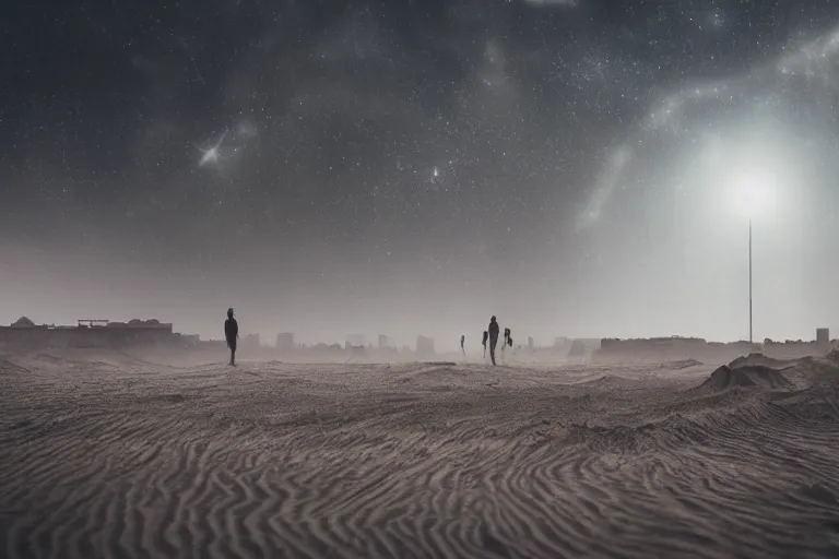 Prompt: landscape photography alien dust with a sandstorm and huge futuristic grungy industrial buildings. distant planets and galaxies in the starry space skyline. men standing and working around the area. huge sense of scale. cinematic