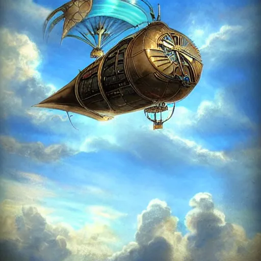 Image similar to steampunk airship flying through clear blue skies, epic fantasy art style HD