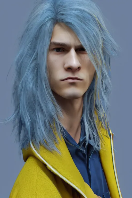 Image similar to a male teenager with long blue hair and yellow eyes wearing a winter overcoat, hyperrealistic, concept art, octane render, unreal engine 5, trending on artstation, high quality, 8 k, highly detailed, digital art, anatomically correct, symmetrical, realistic and defined face, high coherence, path traced, face portrait, yellow eyes, blue hair