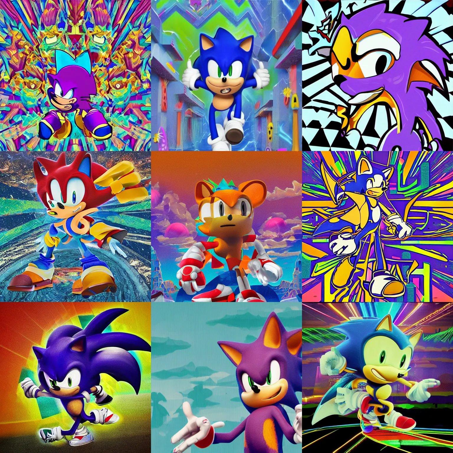 Prompt: sonic mascot made of surreal, sharp, detailed professional, high quality low poly render of MGMT album cover of a liquid dissolving LSD DMT sonic the hedgehog on a flat purple checkerboard plane, 1990s 1992 prerendered graphics phong shaded album cover