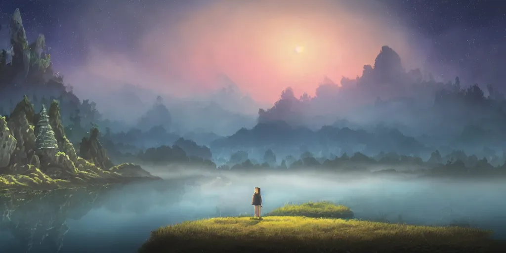 Prompt: a beautiful matte painting of a magic lake by night with fog mountains in the background and the milkyway in the sky by studio ghibli and hayao miyazaki and kazuo oga, manga, trending on artstation