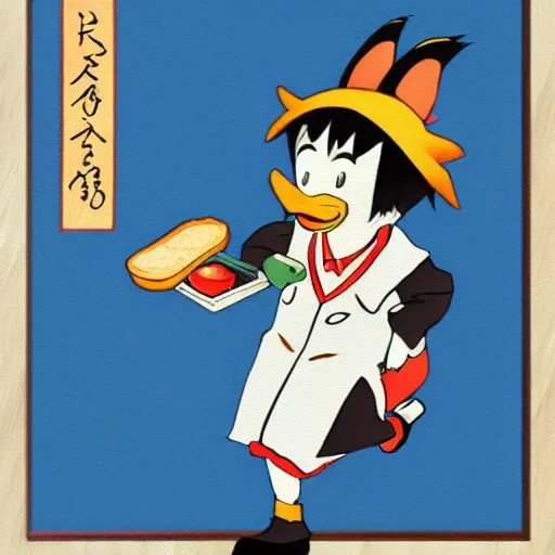 Image similar to Japanese anime style painting depicting an anthropomorphic duck dressed in a school uniform running to school while eating a piece of toast.