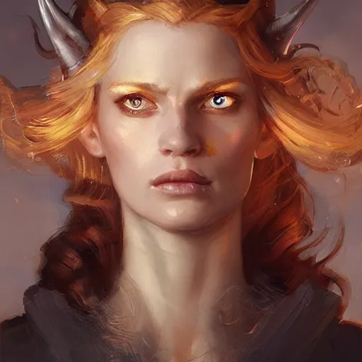 Prompt: A head-on detailed oil portrait of a distinguished elf woman with curly copper horns, long blonde hairs and bright irises, by greg rutkowski, trending on artstation, dungeon and dragons art