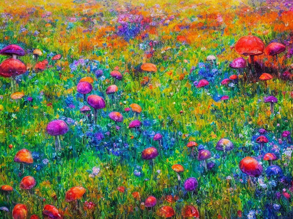 Image similar to an impressionist painting of a gorgeous meadow filled with colorful mushrooms with a stream flowing through it, psychedelic colors, colorful sky in background, high detail, trending on artstation