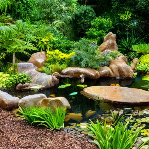 Prompt: popcorn boulders in a jungle landscape, gum drop koi pond