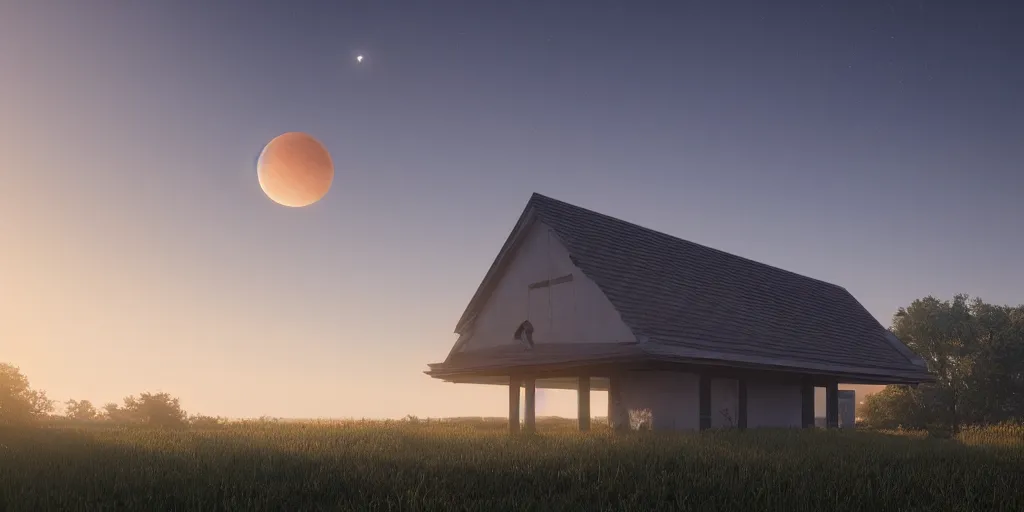 Image similar to a serene landscape with a singular building at sunrise with a big jupiter appearing in the sky, digital art, concept art, octane render, unreal engine 5, hyperrealistic, highly detailed, high quality, 4K, low contrast, soft lighting, path tracing, complementary colors, natural lighting, geometric