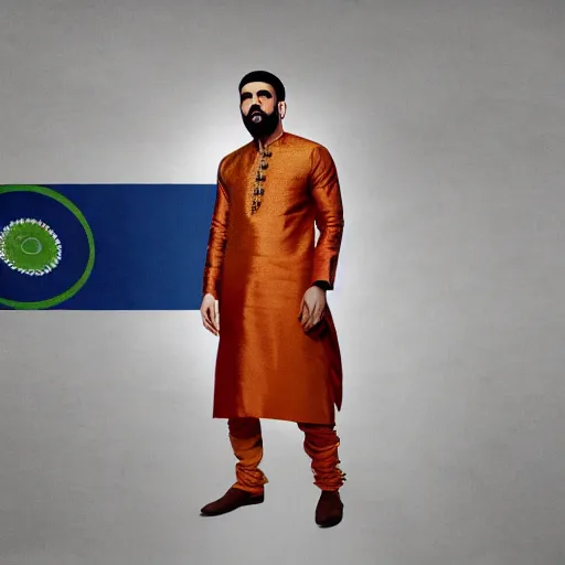Prompt: drake, wearing a silk kurta, album cover, indian and pakistani flags