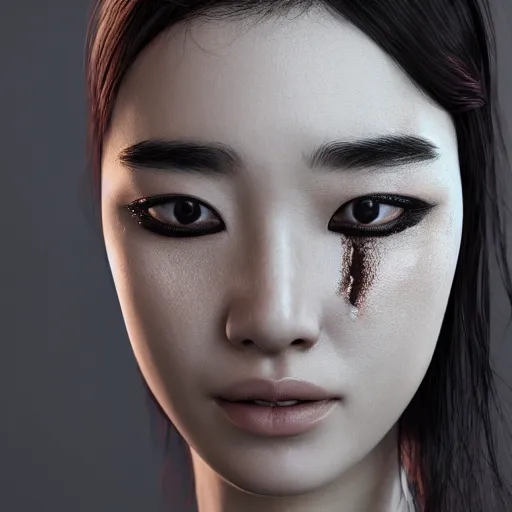 Image similar to asian woman closeup face portrait, with chrome liquid face mask stripes, highly detailed face, elegant pose, intricate, extremy detailed, cgsociety, unreal engine, octane render, portrait ilghting, 3 5 mm award winning, highly detailed 4 k art