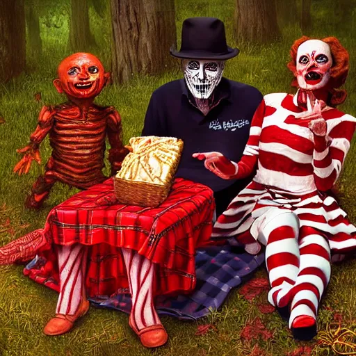 Image similar to freddy krueger, penny - wise and joe biden on a picnic, photo portrait, hyper realism, creepy, symmetry, awesome exposition, very detailed, highly accurate, professional lighting diffracted lightrays, 8 k, sense of awe