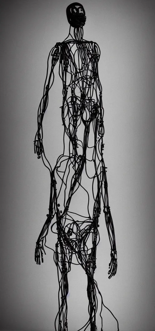 Prompt: human made out of wires and machinery, body horror, creepy, disturbing, dark,