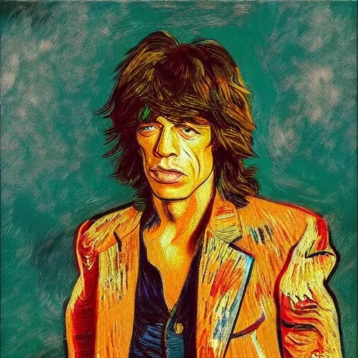 Image similar to an artistic portrait of mick jagger, attractive, rock star, high quality, studio photography, colorful, hero, heroic, beautiful, in the style of vincent van gogh