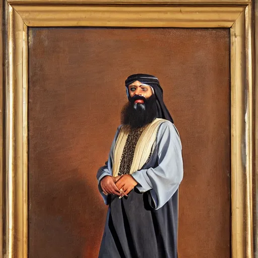 Prompt: a cyborg dressed in arab clothes, has a long beard, holds a rosary, and wears an arab abaya, oil painting