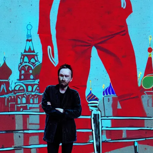 Prompt: thom yorke standing in moscow street, full body, more details, red sky, super realistic,