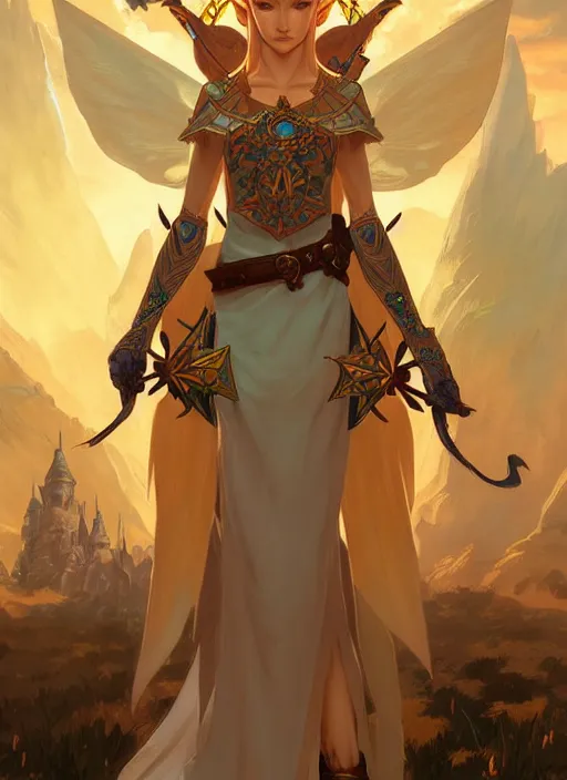 Image similar to zelda with triforce, fantasy, intricate, elegant, highly detailed, digital painting, artstation, concept art, wallpaper, smooth, sharp focus, illustration, art by artgerm and greg rutkowski and alphonse mucha and wlop