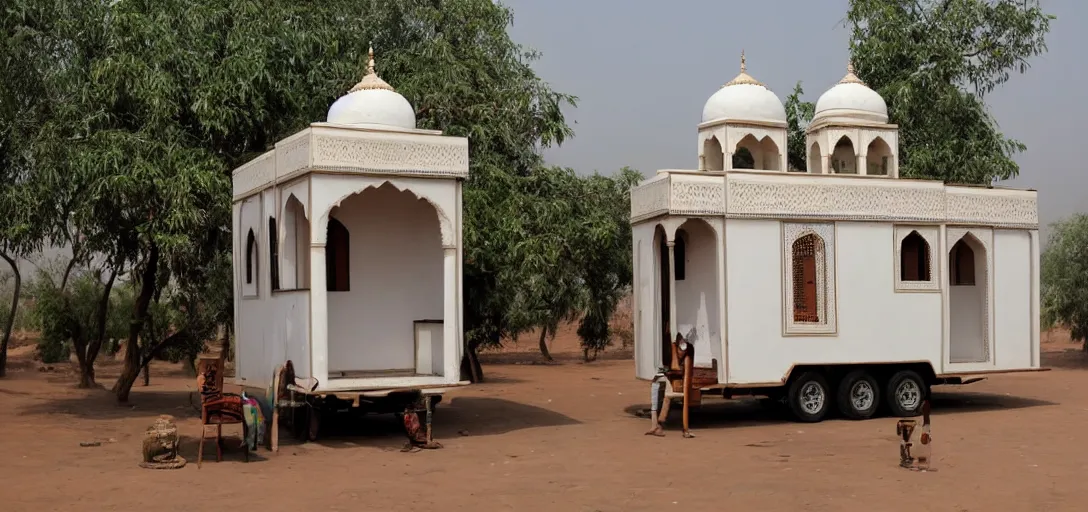 Image similar to mughal - style white ivory tiny home on trailer with minarets in agra, india