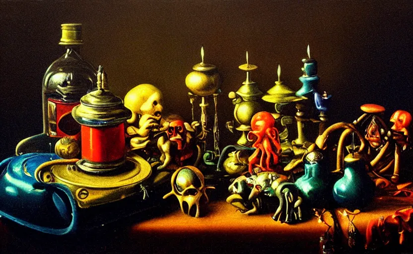 Image similar to disturbing colorful oil painting dark background dutch golden age vanitas still life vintage toys beautiful composition with bizarre objects strange surfaces shiny metal reflections bizarre lights rachel ruysch dali todd schorr very detailed perfect composition rule of thirds masterpiece canon 5 0 mm, cinematic lighting, photography, retro, film, kodachrome