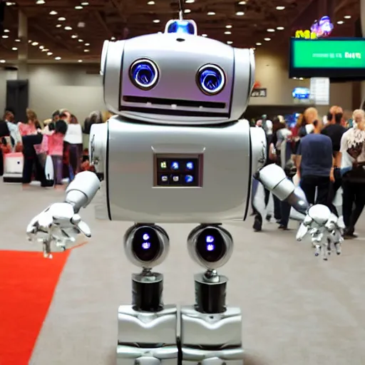 Image similar to <robot musthug wants=hug expression='give hug' location='las vegas convention center'>cute little robot</robot>