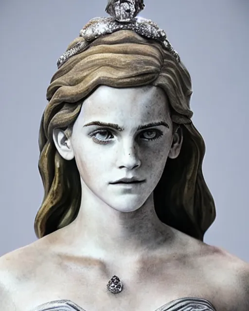 Image similar to portrait of a white marble statue adorned with silver and diamonds of emma watson in mad max, photo by studio ghibli, beautiful, cute, anime artstyle, amazing lighting