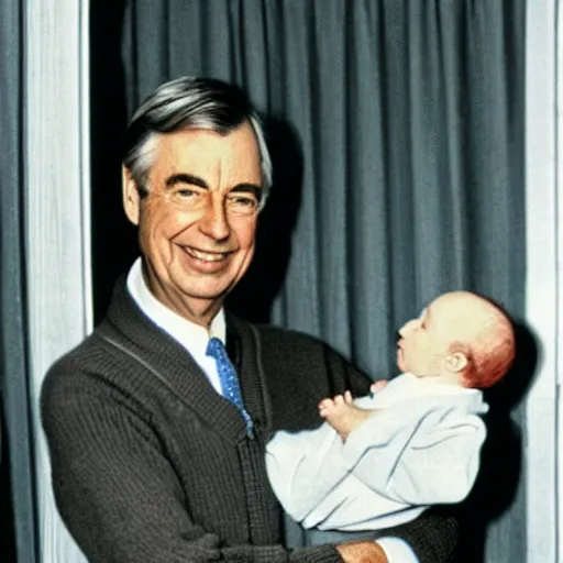 Image similar to mr. rogers proudly displaying an upside - down infant. 1 9 7 0 s studio color photo.