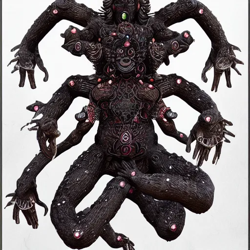 Image similar to dark Hindu deity, with 8 arms, ultra realistic, fantasy, very intricate, organic, ghibli style, trending on artstation