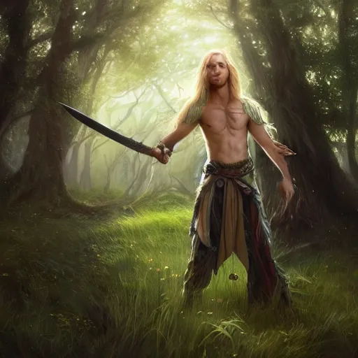 Prompt: a beautiful portrait of an epic fantasy style mystical forest elf man with long blond hair holding a epic elven sword in the midst of a grassy meadow, oil painting, Greg Rutkowski, Charlie Bowater, swordsman, unreal 5, DAZ, hyperrealistic, octane render, RPG portrait, dynamic lighting, fantasy art, beautiful face